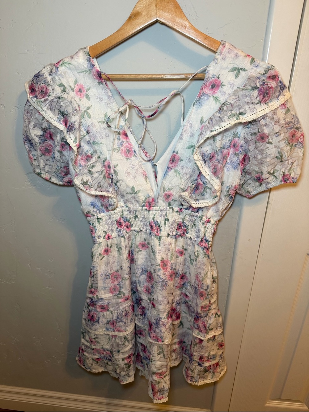 Floral Ruffled Smocked Waist Dress - Pink & Purple Floral - Picture 5 of 8